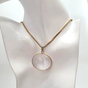 Vintage Nina Ricci Frosty Crystal Dove Intaglio Oval Pendant Necklace Gold Tone